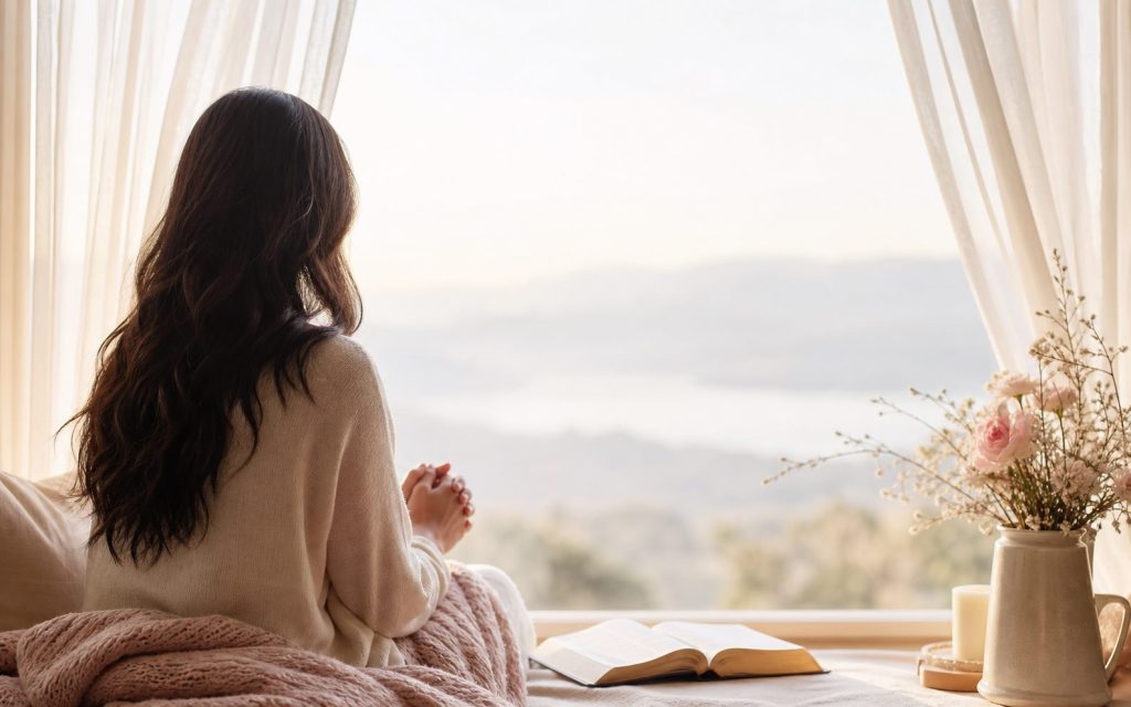 Open Bible beside a warm cup and flowers for the Be Still and Know audio devotion