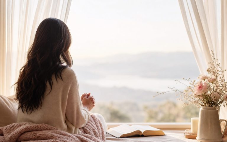 Open Bible beside a warm cup and flowers for the Be Still and Know audio devotion